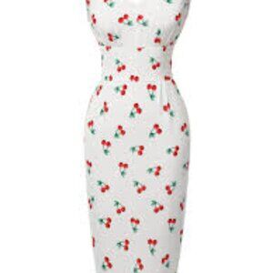 RETRO STAGE VINTAGE STYLE CHERRY PRINT OFF SHOULDER PENCIL DRESS